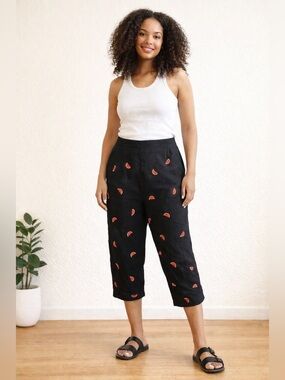 Vintage Watermelon Embroidered Linen Capri Pants Black Novelty Fruit Size 14